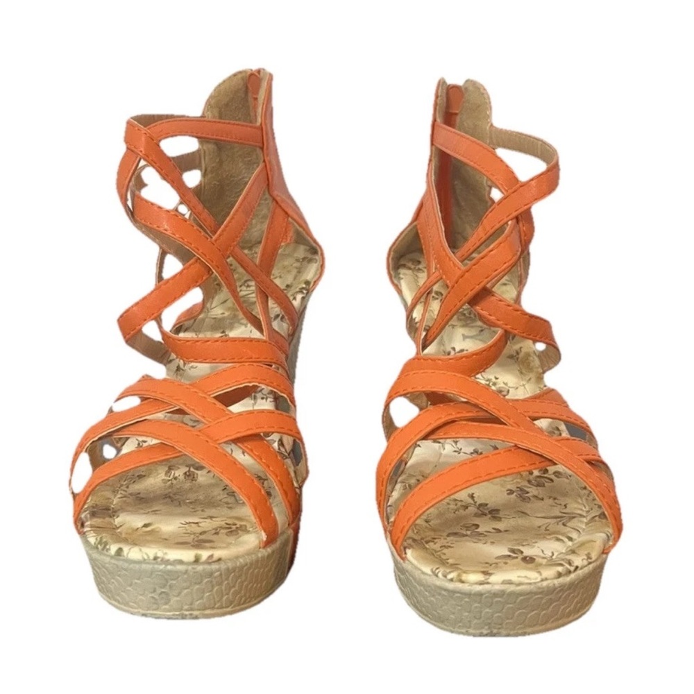 Orange Wedge Sandals Strappy Gunny Sz 38 Zipper Open Toe Festival Summer Read